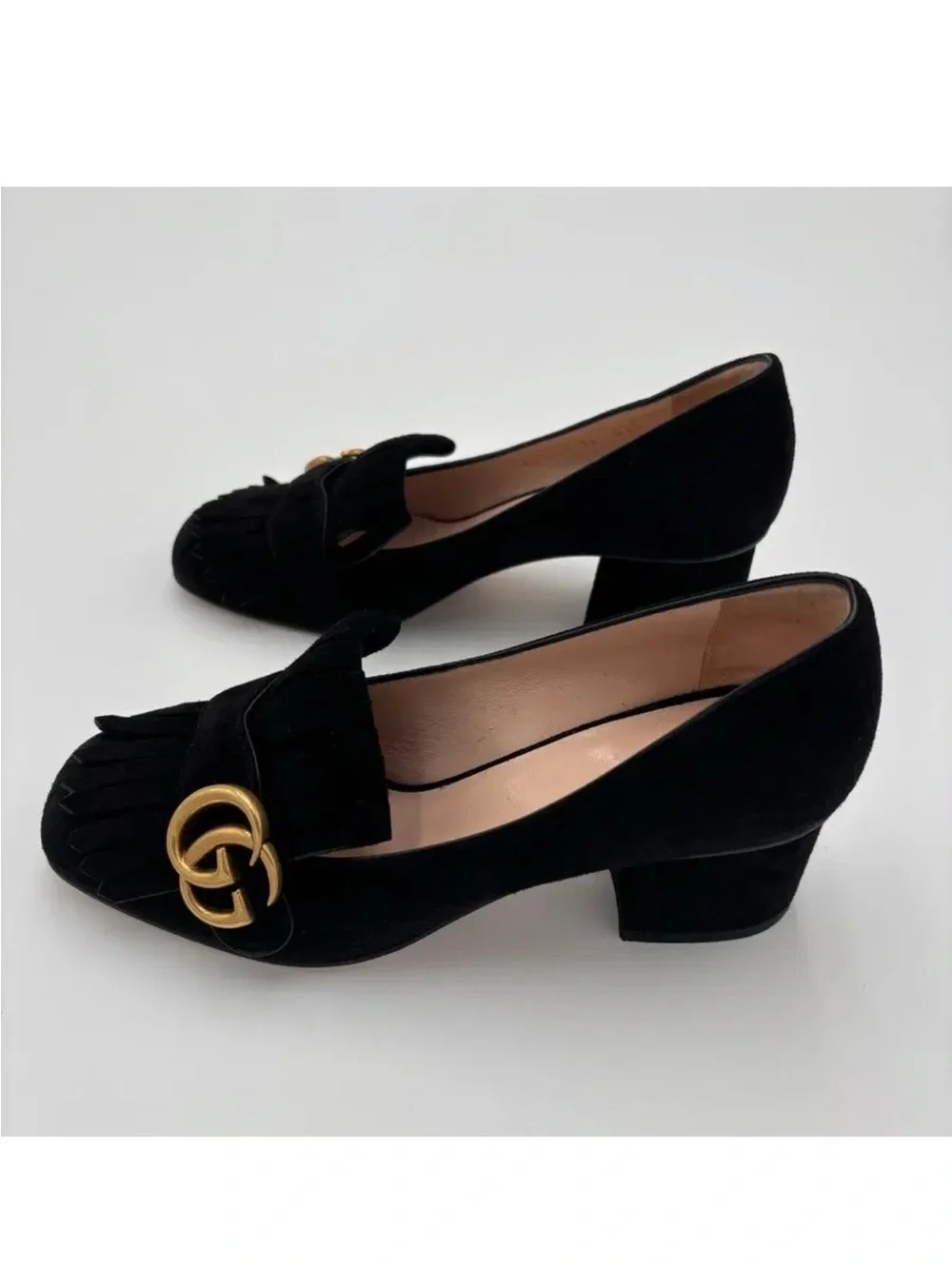 Gucci Black Suede Marmont Fringe Block Heel Loafers with Gold GG in Sz 38 1/2